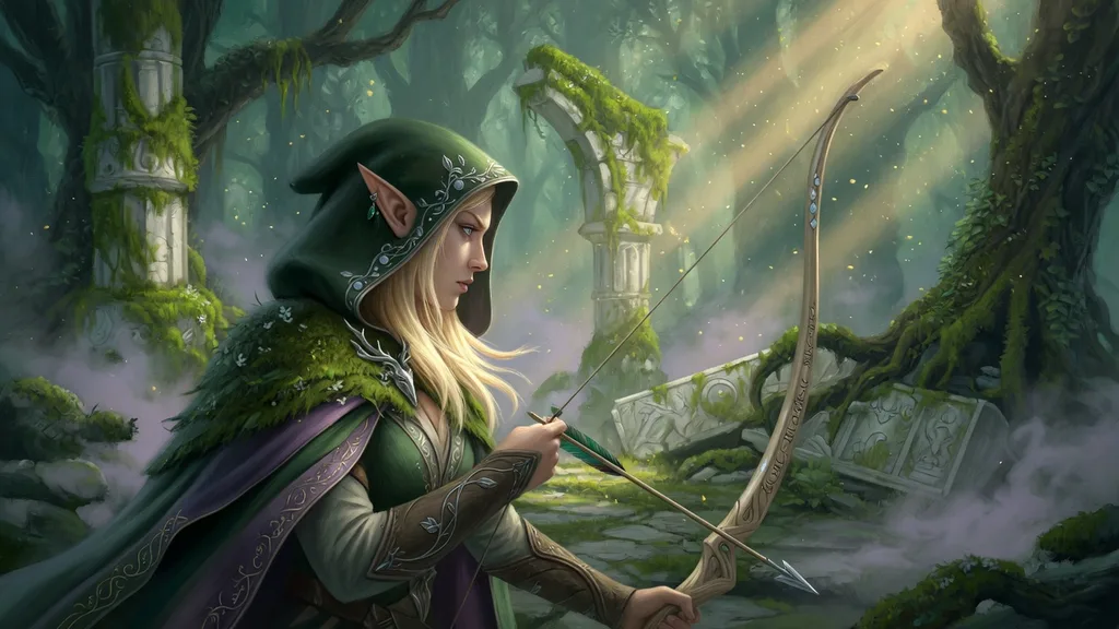 Ancient moss-covered Elven forest ruin among towering trees, shafts of pale light through the canopy — artwork for the Lord of the Rings name generator
