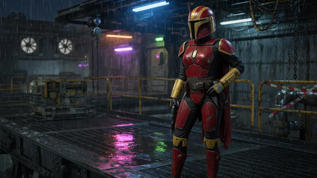 A different original Mandalorian warrior in distinct coloured armour at rest on a desert mesa — section art for the Mandalorian name generator