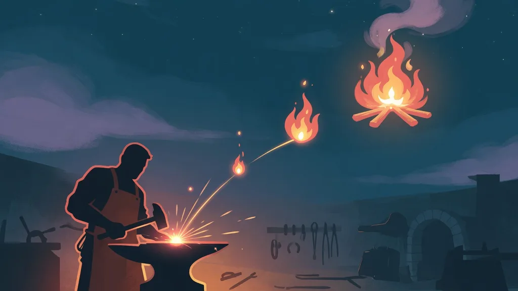 A spark leaving a blacksmith's anvil at night and rising as an ember, then a flame, then a bonfire — cover art for names that mean fire
