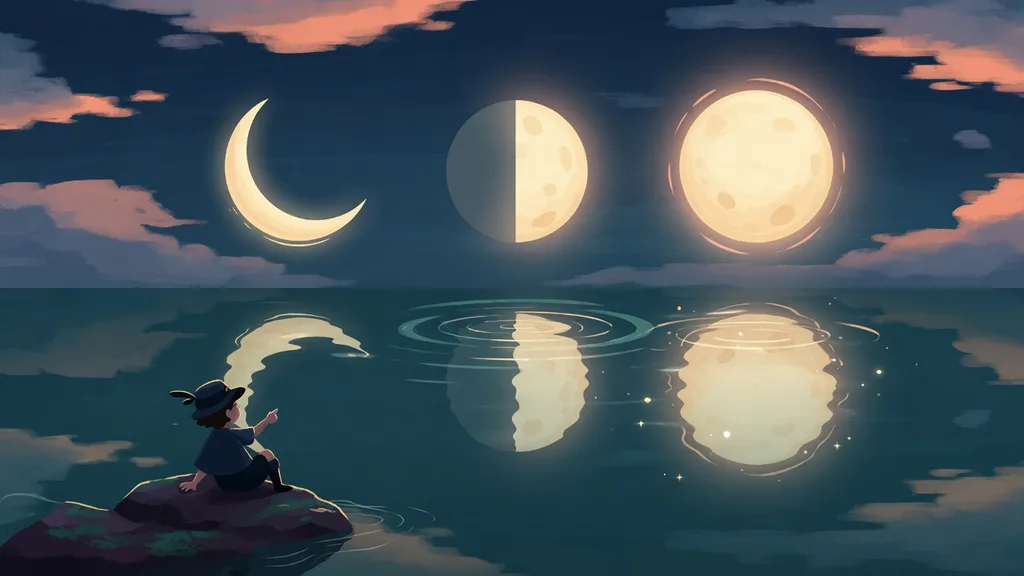 A crescent, half and full moon over still water, each reflected differently, with a small figure watching from a rock — cover art for names that mean moon