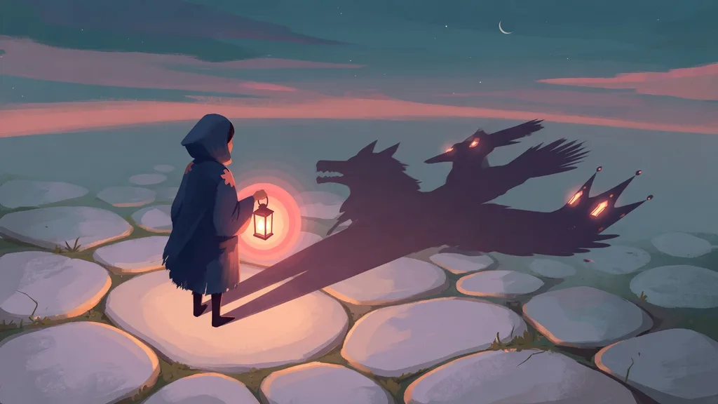 A hooded traveller with a lantern at dusk, their long shadow splitting into the shapes of a wolf, a bird and a crown — cover art for names that mean shadow