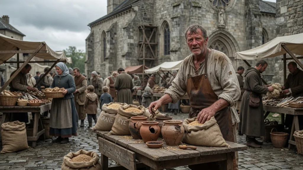 A medieval peasant at a busy market stall in a stone town square, with carts and traders in the background — scene art for the medieval name generator