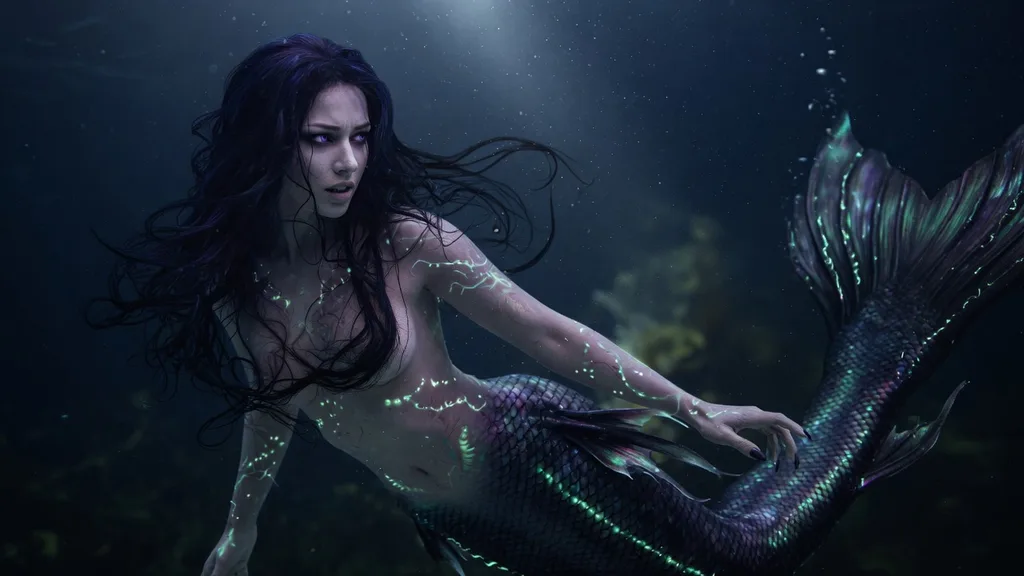 Dark siren mermaid in deep cold water, bioluminescent scales glowing faintly in the abyss — artwork for the mermaid name generator