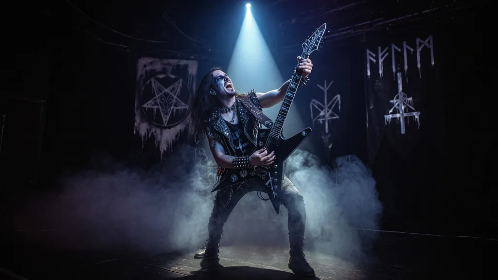 Lone guitarist shredding in moody backlit haze on a darkened stage — metal band name generator section art