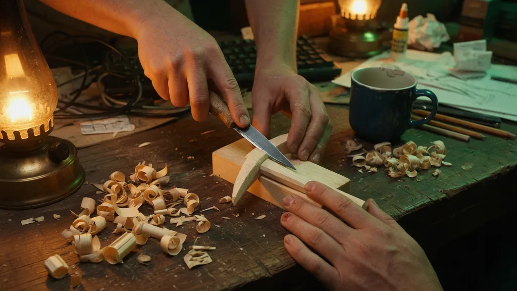 Close-up of hands carving a wooden pickaxe on a workbench, lit by a warm lantern and the green glow of a nearby PC screen — scene art for the Minecraft name generator