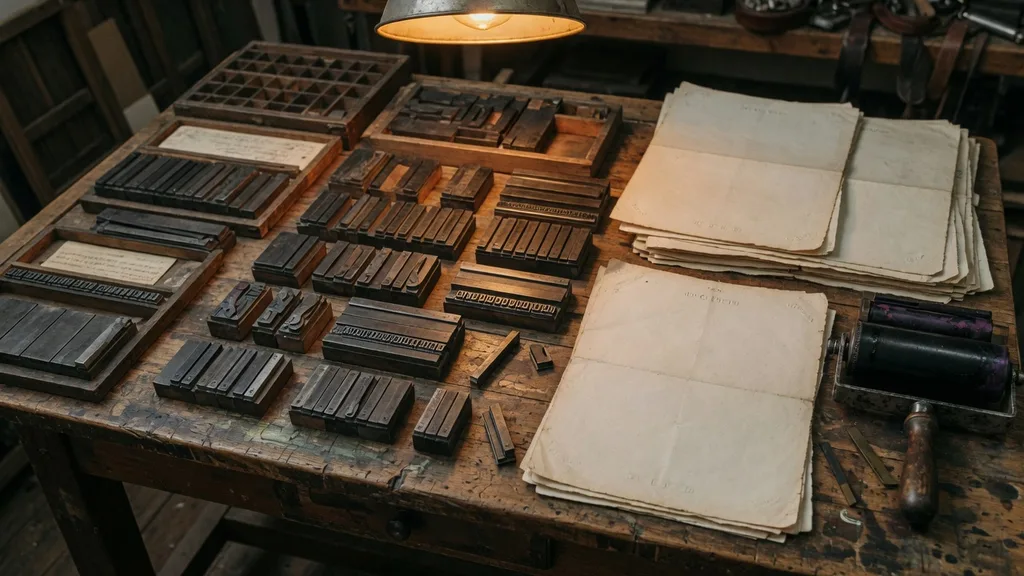 Rows of vintage newspaper mastheads and printing blocks laid out on a wooden press table — artwork for the newspaper name generator