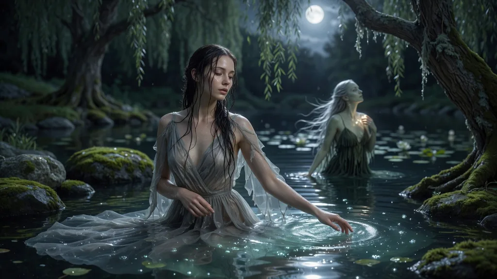 A water naiad rising from a moonlit pool in an ancient forest, her hair trailing in the current — artwork for the nymph name generator