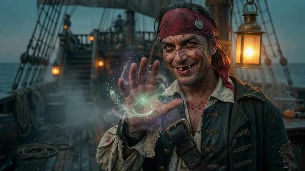 Close-up portrait of a pirate crew member with a wanted-poster-style scarred grin and a Devil Fruit glowing faintly in hand — artwork for the One Piece name generator