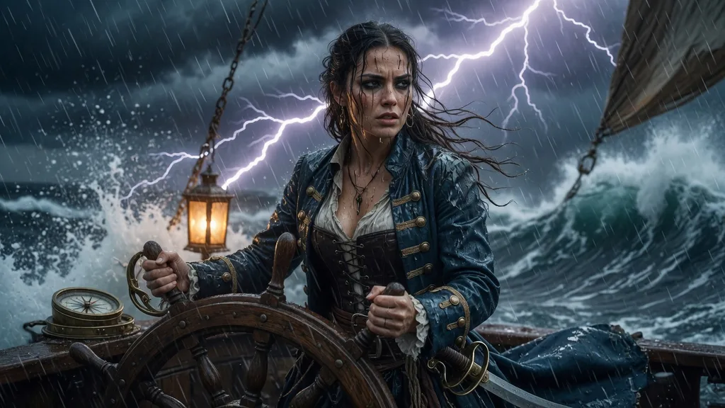 Fierce pirate woman at the helm of a ship in a storm, rain-soaked and resolute — artwork for the pirate name generator
