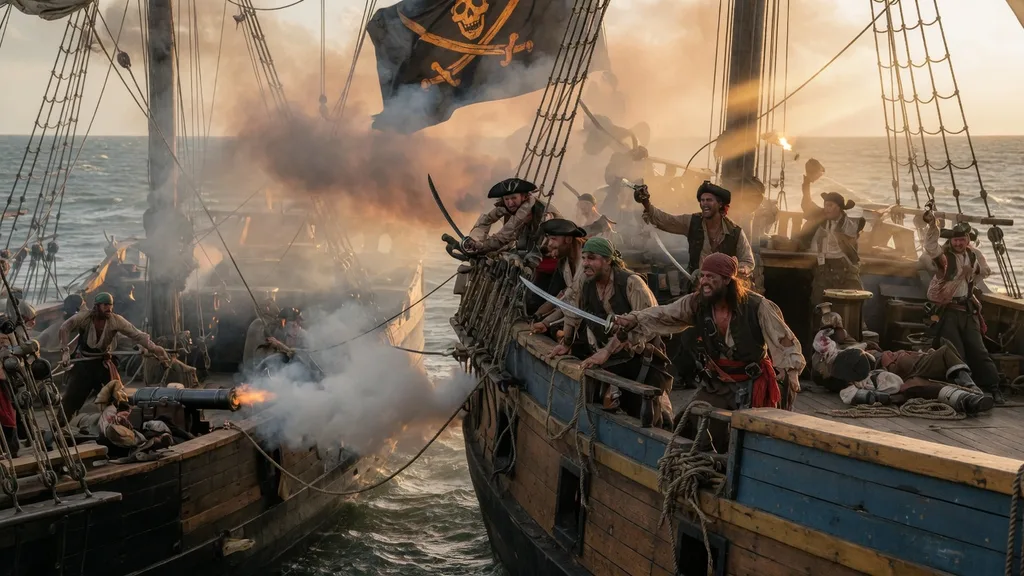 Pirate crew boarding a captured merchant vessel under a black flag — artwork for the pirate ship name generator
