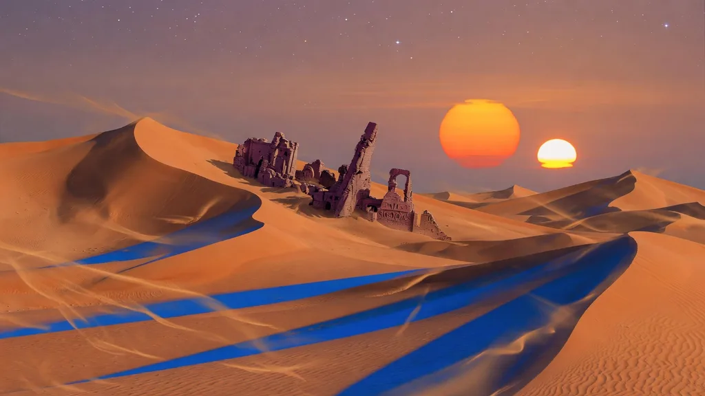 Surface of an alien desert world with twin suns low on the horizon over wind-carved dunes and distant ruins — artwork for the planet name generator
