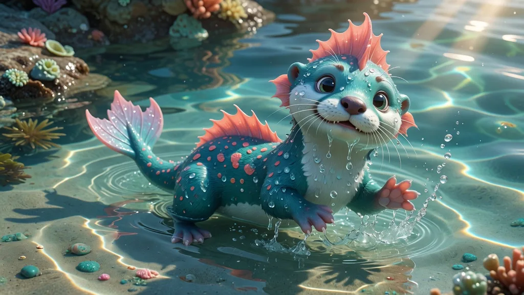 Original aqua-blue otter-like water creature with a coral fin, splashing in a sunlit tide pool — artwork for the Pokémon name generator