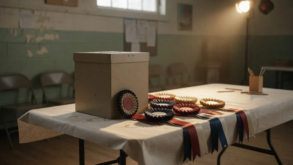 A ballot box and rosette ribbons on a plain table — civic detail for the political party name generator