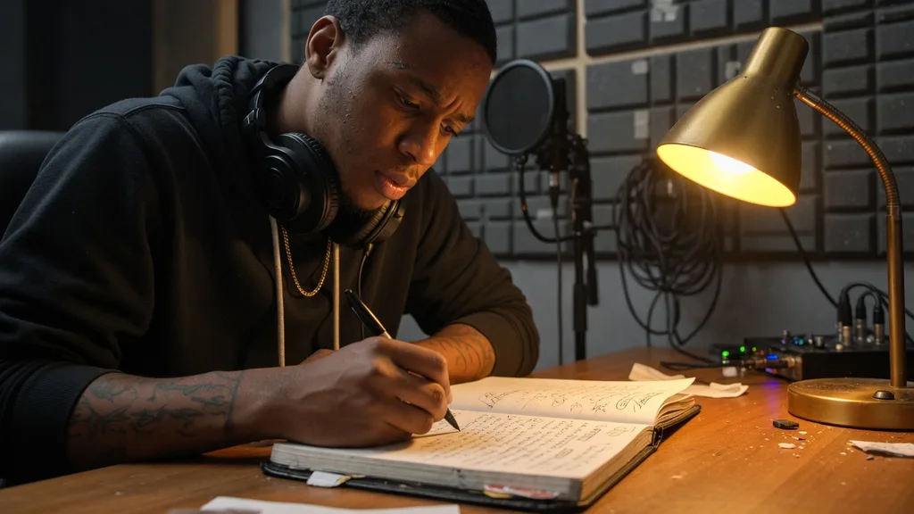 Close-up of a rapper writing bars in a notebook in a home studio, headphones around the neck, warm lamp light