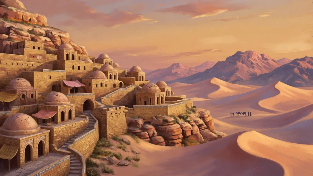 Sandstone Hammerfell city with desert dunes and distant mountains at golden hour — artwork for the Redguard name generator