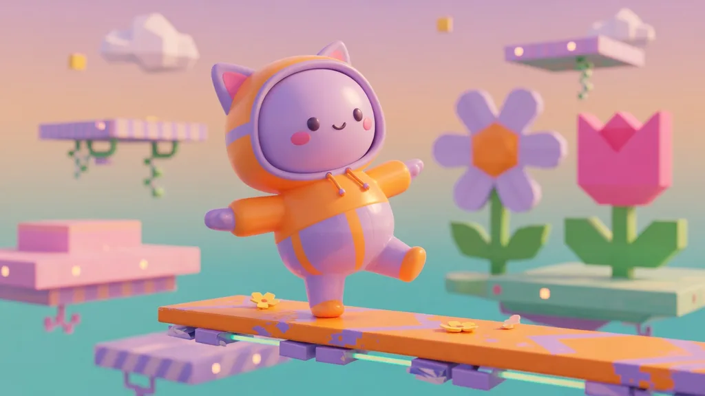 An original cat-eared toy character in an orange hoodie balancing on a floating obby platform in a pastel low-poly world — Roblox username generator artwork