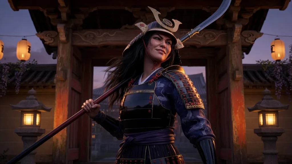 A fierce onna-musha female samurai warrior in lacquered armor holding a naginata before a lantern-lit temple gate at dusk — artwork for the samurai name generator