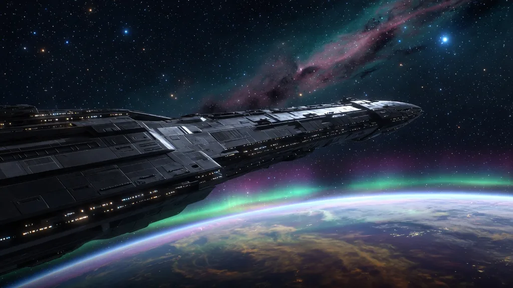 Sleek interstellar starship gliding over a glowing planet against a star field — sci-fi vessel example for the ship name generator