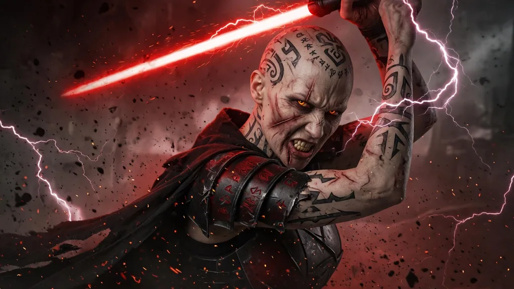A different original Sith lord with tattooed skin and yellow eyes raising a red blade in a storm of dark energy — artwork for the Sith name generator