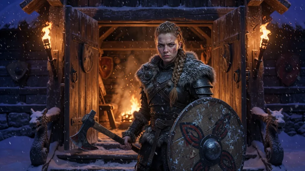 Fierce Nord shieldmaiden with axe and shield standing before a torchlit mead hall in deep winter — artwork for the Skyrim Nord name generator