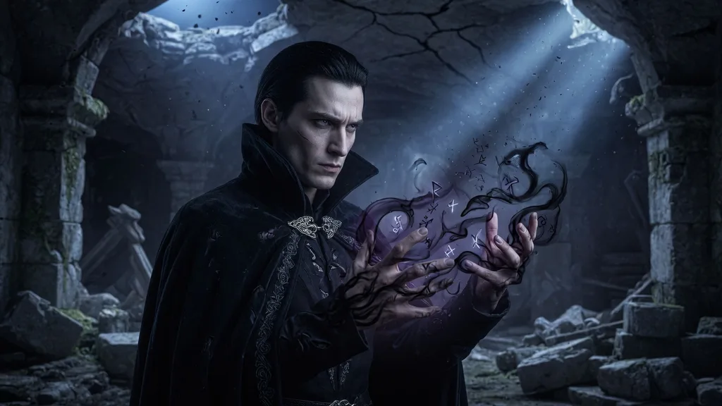 Dark warlock with shadow magic swirling around their hands in a ruined stone chamber — artwork for the sorcerer name generator