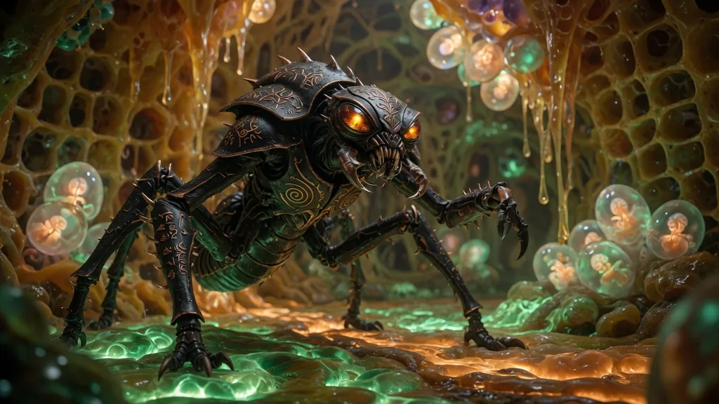 A powerful insectoid alien warrior with chitinous armor and compound eyes in a hive chamber bathed in bioluminescent light — artwork for the species name generator