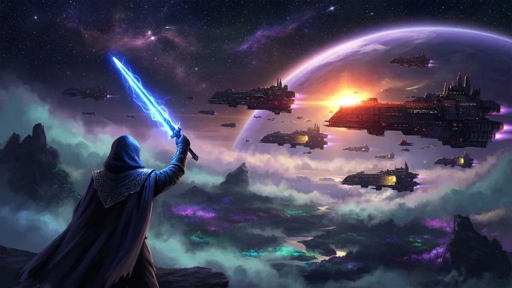 Hooded figure holding a glowing energy blade before a fleet of starships — artwork for the Star Wars name generator