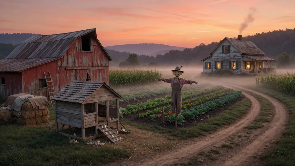Wide view of a cozy small farmstead at sunset with a red barn, chicken coop, crop rows and a scarecrow leading toward forested hills — artwork for the Stardew Valley Farm Name Generator