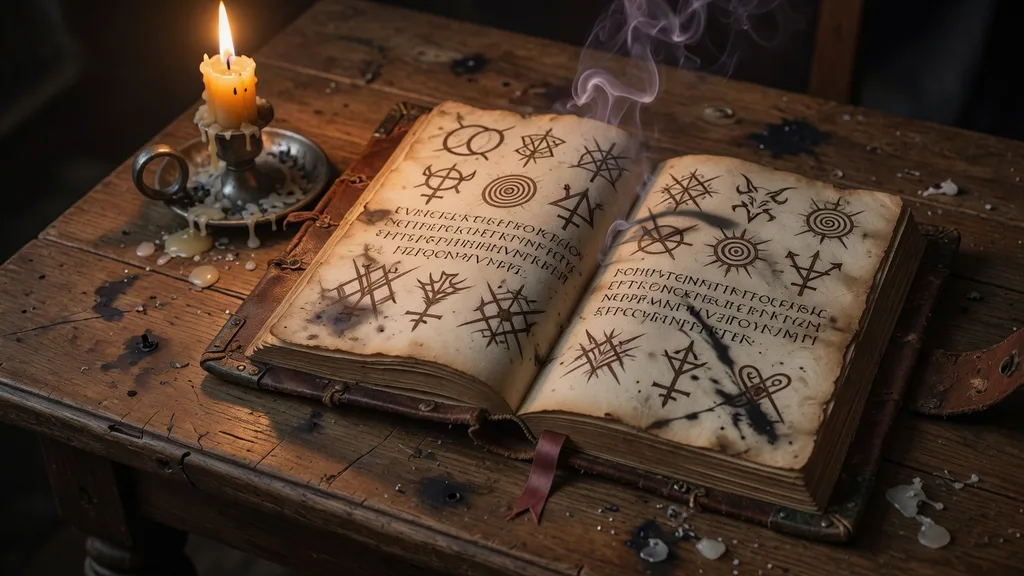 Close-up of an ancient leather grimoire open to a page of demonic sigils and Latin script, lit by a single candle