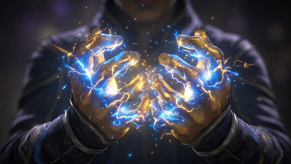 Close-up of a powered figure's glowing hands channeling raw energy, sparks arcing between the fingers