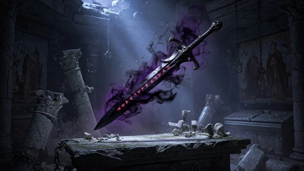 A glowing elven sword wreathed in soft silver light against ancient stone ruins at dusk — artwork for the sword name generator