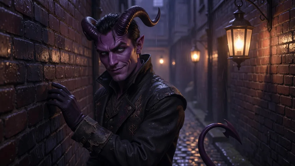 A violet-skinned tiefling rogue with swept-back horns lit by lantern light in a shadowed alley — artwork for the tiefling name generator