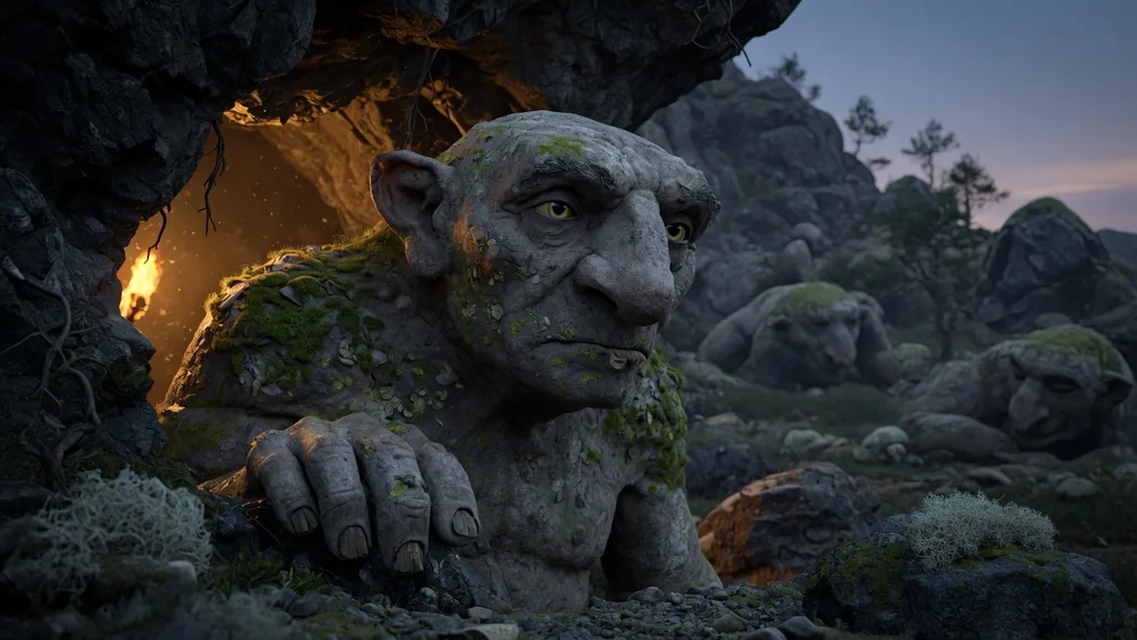 A weathered original fantasy troll standing at the mouth of a mountain cave at twilight, surrounded by boulder-like rock formations — section art for the Troll Name Generator