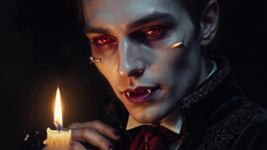 Close-up of a pale vampire with crimson eyes lit by a single candle flame — artwork for the vampire name generator