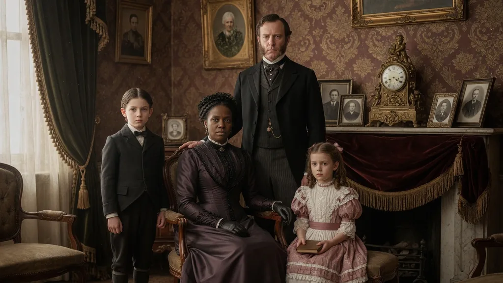 A Victorian family group portrait in a formal parlour, mother, father and children in period dress, sepia-toned lighting