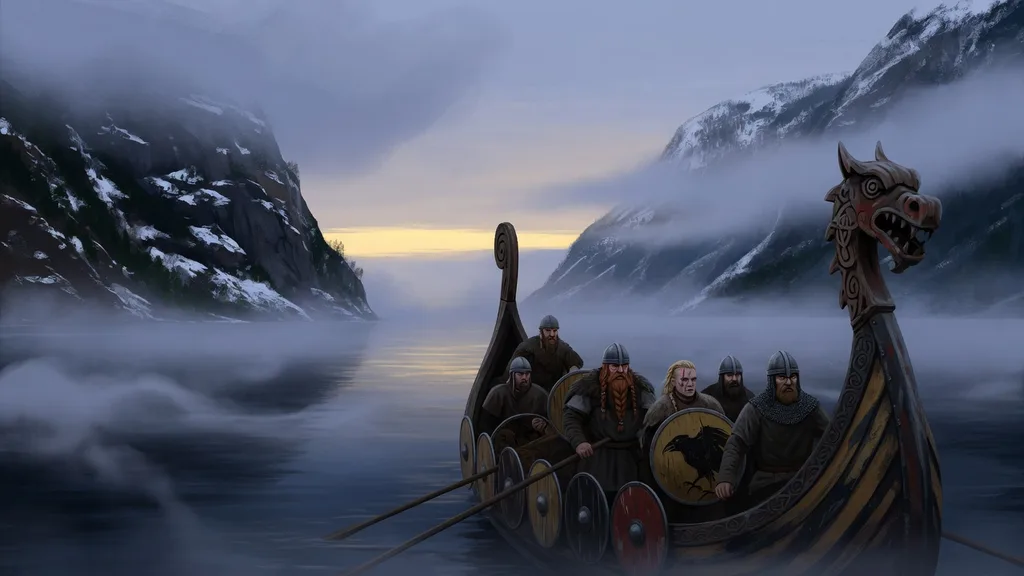 A longship on a misty northern fjord at dawn