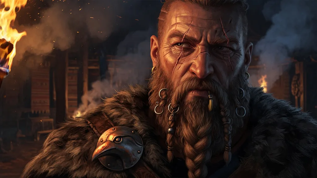 A bearded Viking warrior lit by torchlight, weathered face and braided beard against the dark of a longhall — artwork for the Viking name generator
