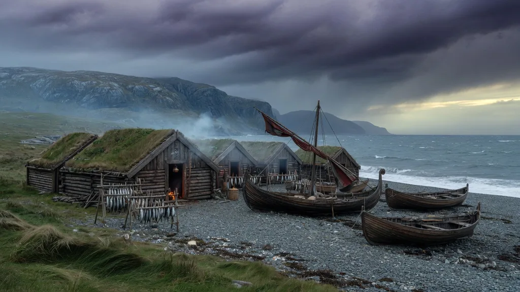 A Norse coastal hamlet of timber longhouses beneath storm clouds, fishing boats drawn up on a grey shingle beach — atmospheric scene for the village name generator