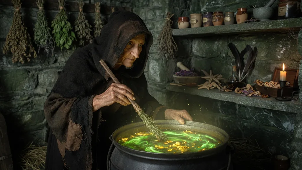 Hooded crone stirring a glowing cauldron in a dark stone chamber lit by firelight — witch name generator scene