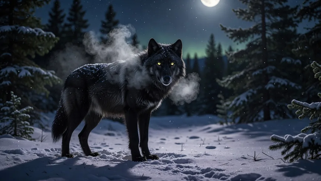Black wolf standing in blue moonlight against a snowy forest ridge — atmospheric scene for the wolf name generator