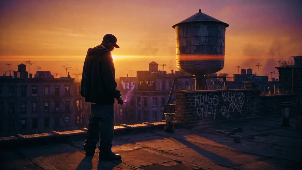 A gritty New York rooftop at golden hour — cover art for the Wu-Tang name generator