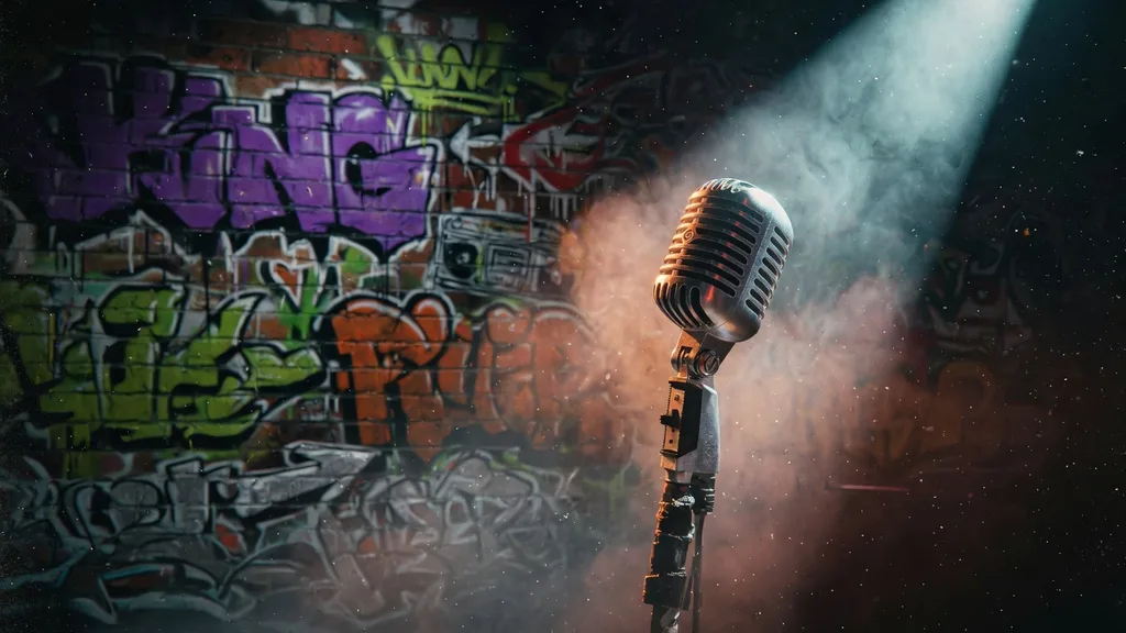A vintage microphone in a smoky spotlight against a graffiti-covered brick wall — scene art for the Wu-Tang Clan Name Generator, hip-hop poster aesthetic