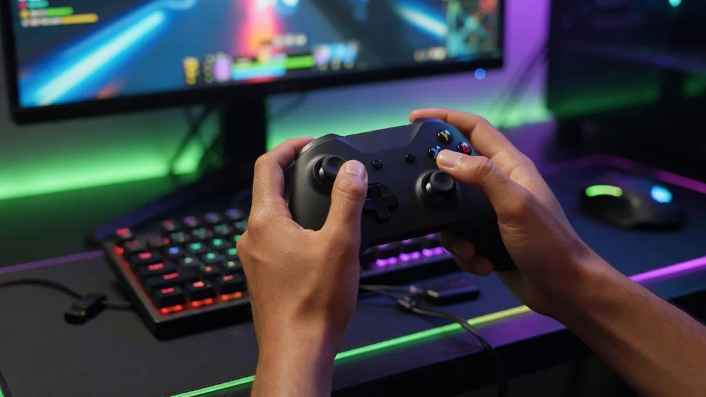 Hands gripping a wireless controller lit by green and purple screen glow at a dark gaming desk — scene art for the Xbox name generator