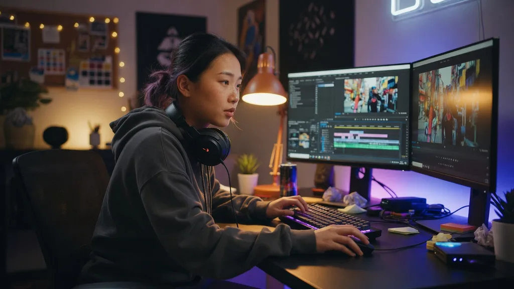Content creator editing footage at a desk with dual monitors in a warm-lit home studio — scene art for the YouTube name generator